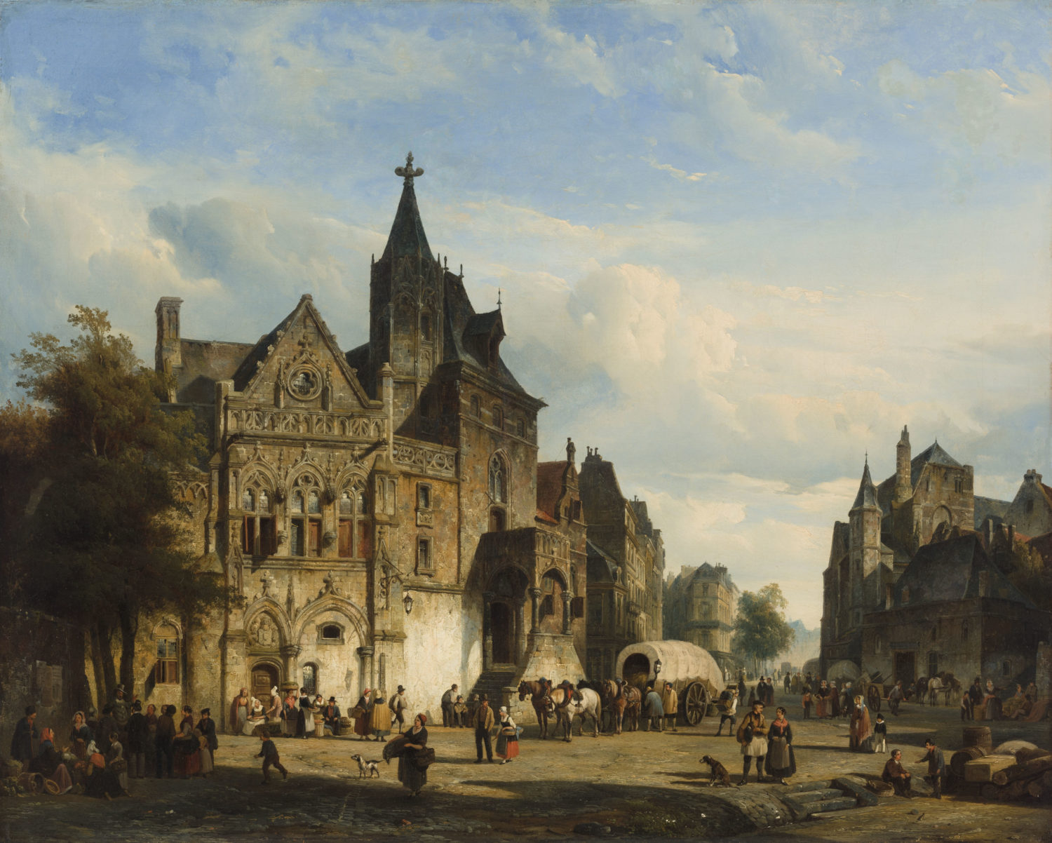 Cornelis Springer | A town view with a market and a Gothic church | Kunsthandel Bies | Bies Gallery