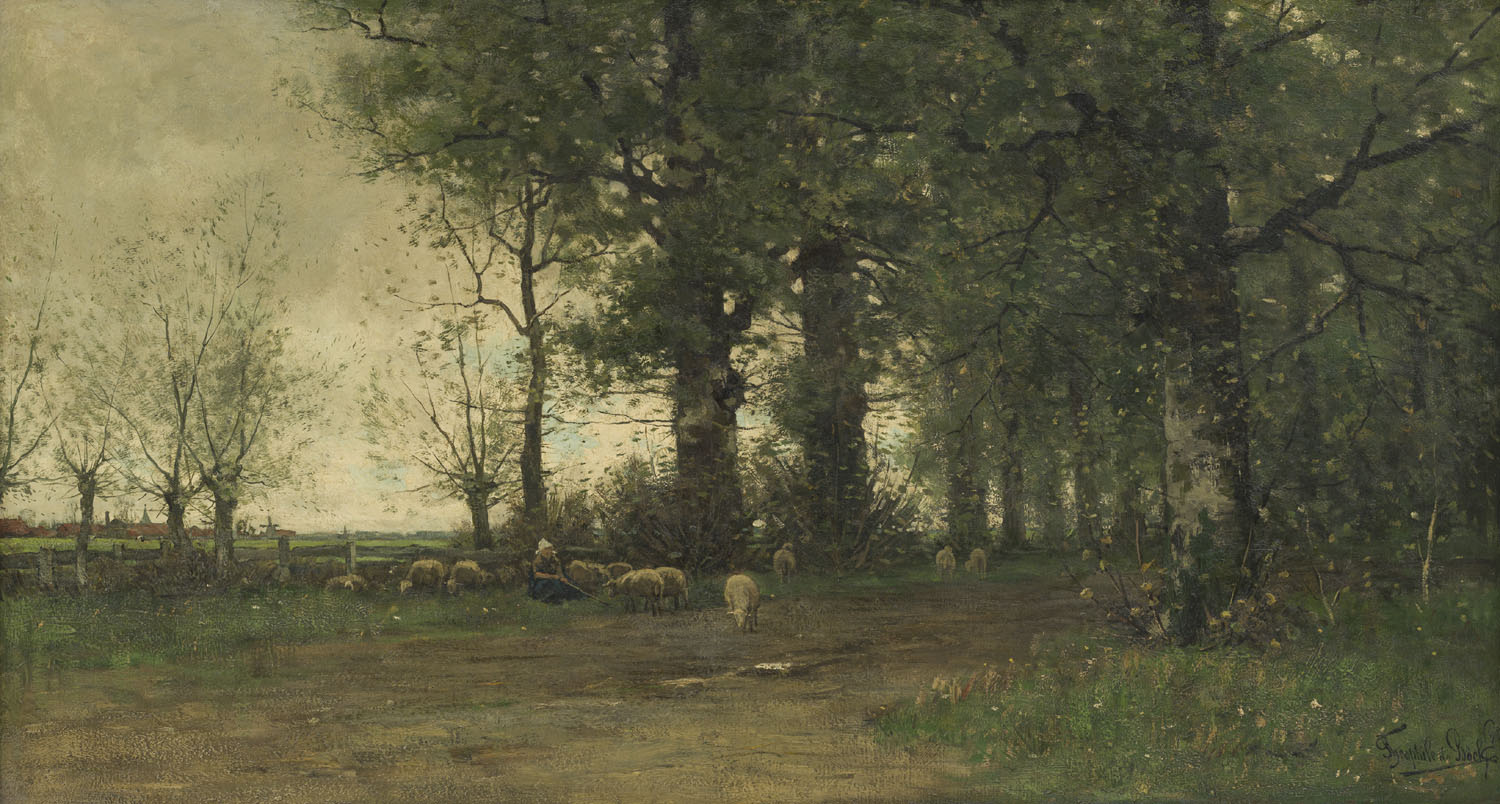 Théophile de Bock | Rustend herderinnetje met schapen bij een landweg Théophile de Bock | Rustend herderinnetje met schapen bij een landweg | Kunsthandel Bies