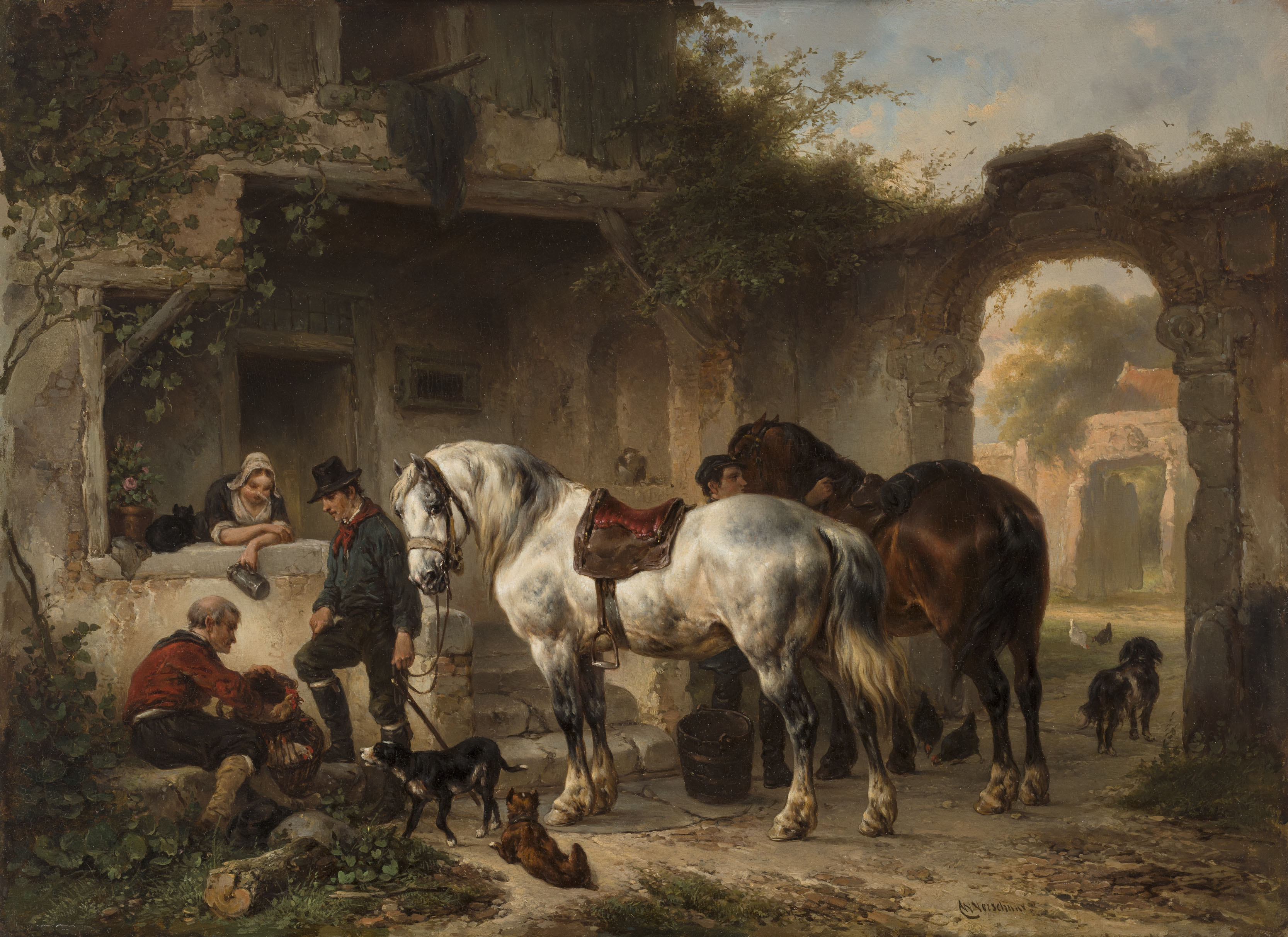 Wouterus Verschuur | Rustende paarden en figuren bij een herberg | Kunsthandel Bies