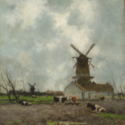 Hendrik Johannes ('J.H.') Weissenbruch | Hollands landschap met molens en koeien | Kunsthandel Bies