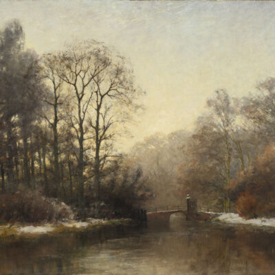 Jan Hillebrand Wijsmuller | A wooded landscape with a bridge in winter | Kunsthandel Bies