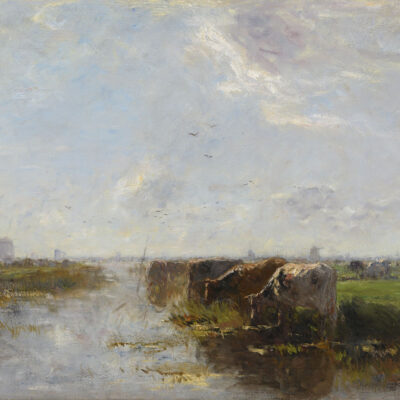 Willem Maris | Polderlandschap met koeien met links en in de achtergrond molens | Kunsthandel Bies