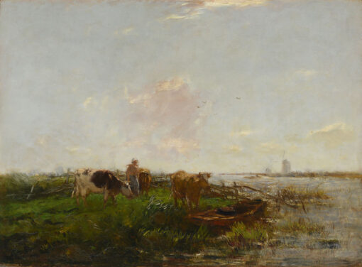 Willem Maris | A landscape with cows and a milkmaid | Kunsthandel Bies