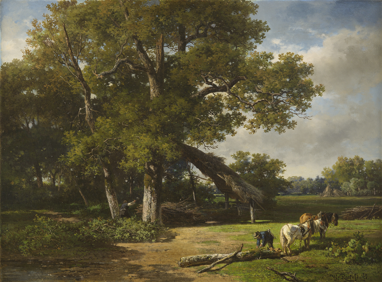 Willem Roelofs | Wooded landscape with woodcutters | Kunsthandel Bies | Bies Gallery