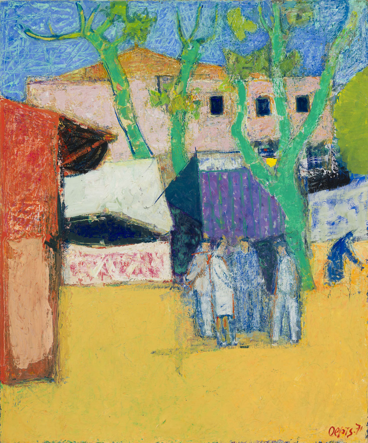 Wim Oepts | Figuren op een dorpsplein met plantanen in Zuid-Frankrijk | Kunsthandel Bies