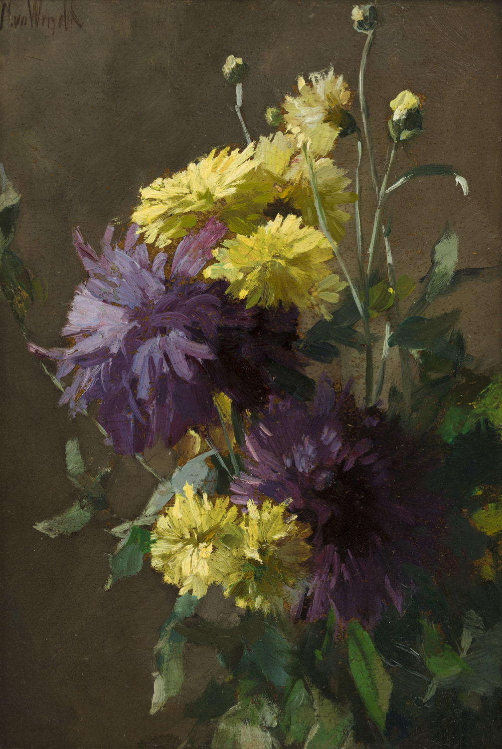 Chris van der Windt | Stilleven met gele en paarse dahlia’s | Kunsthandel Bies