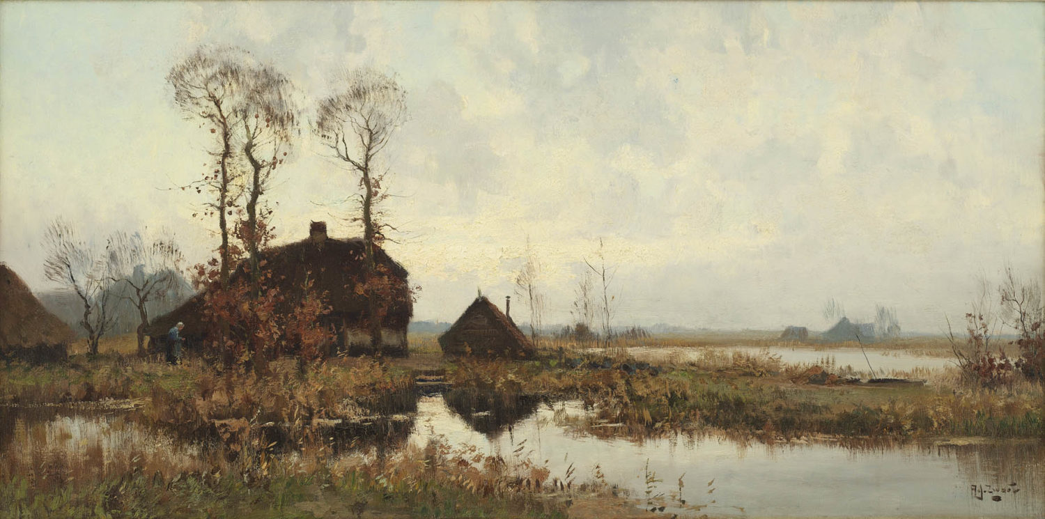 Arie Zwart | A Dutch polder landscape with a farmhouse | Kunsthandel Bies | Bies Gallery